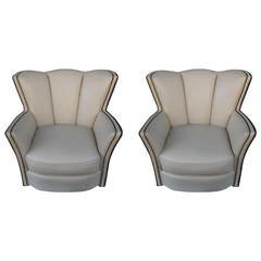 Vintage Pair of Art Deco Style Two-Tone Leather Tulip Chairs