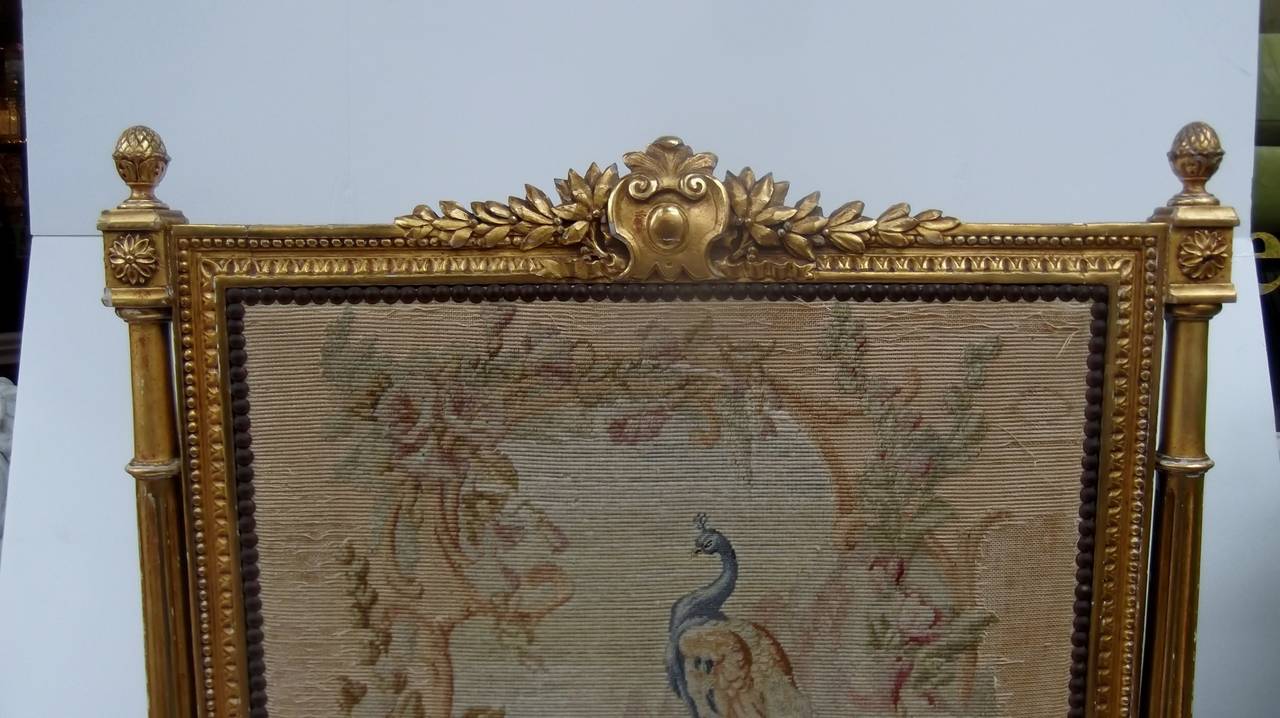 Louis XV Style free standing gilt wood fire screen with antique needlepoint front.
Classic French style with luxuriously carved frame with side columns and finial tops.  The base is carved in an acanthus leaf motif. The gilding is all original with