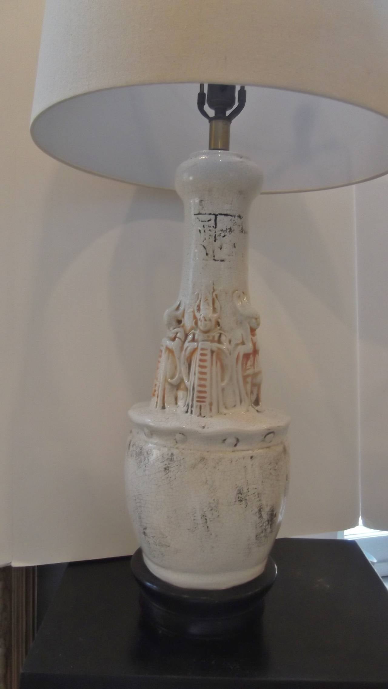 Mid-Century Glazed Pottery Lamp with Exotic Figures 1