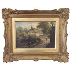 English Oil on board of a Cottage Landscape