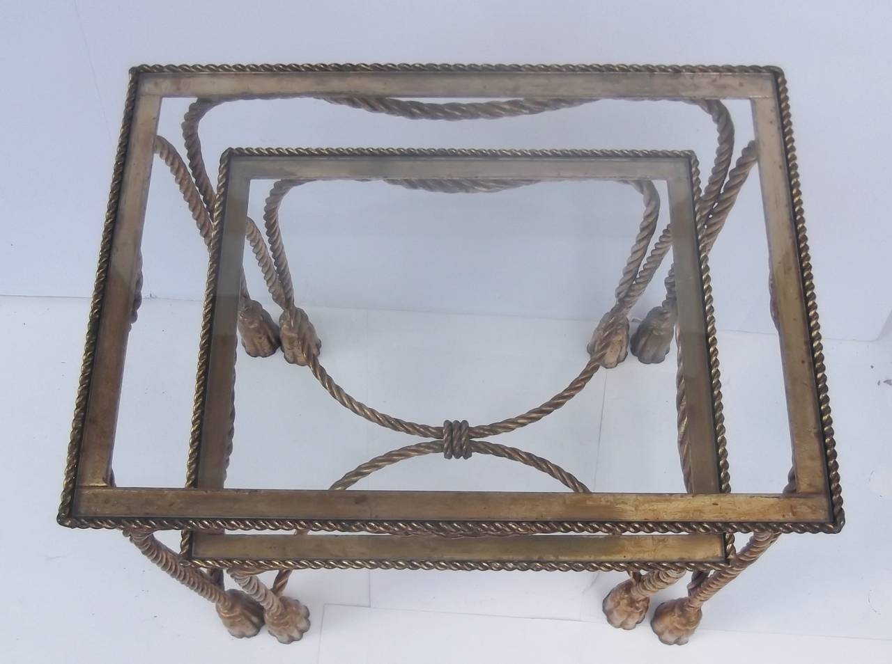 Gilt Iron Rope and Tassel Nesting Tables with Glass Tops 2