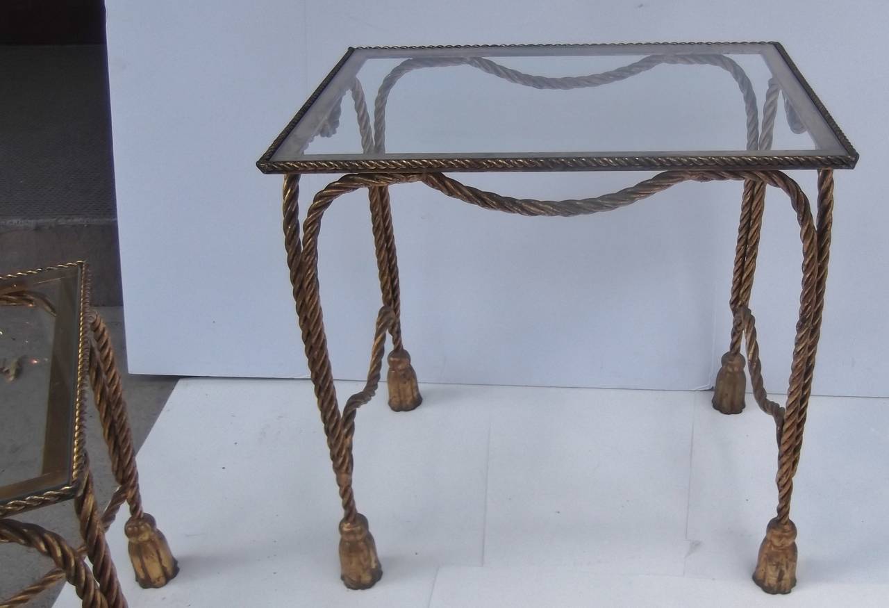 Gilt Iron Rope and Tassel Nesting Tables with Glass Tops In Good Condition In Lambertville, NJ