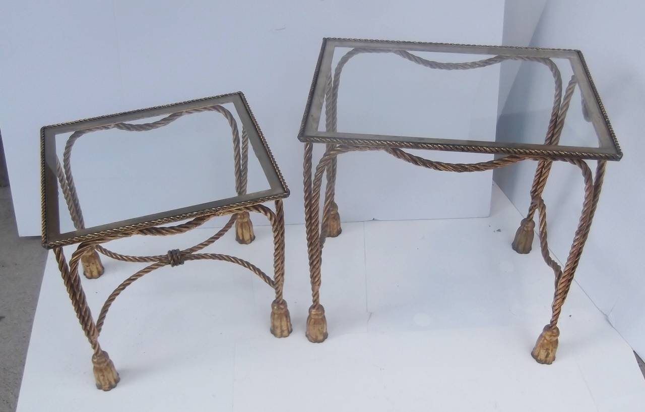 Mid-Century Modern Gilt Iron Rope and Tassel Nesting Tables with Glass Tops
