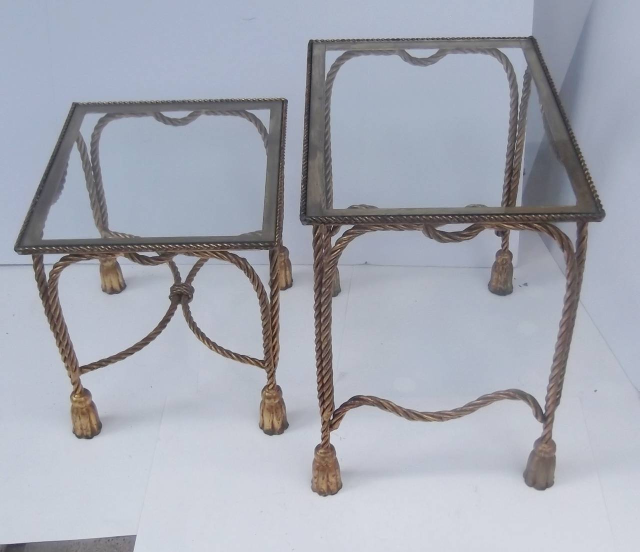 Italian Gilt Iron Rope and Tassel Nesting Tables with Glass Tops