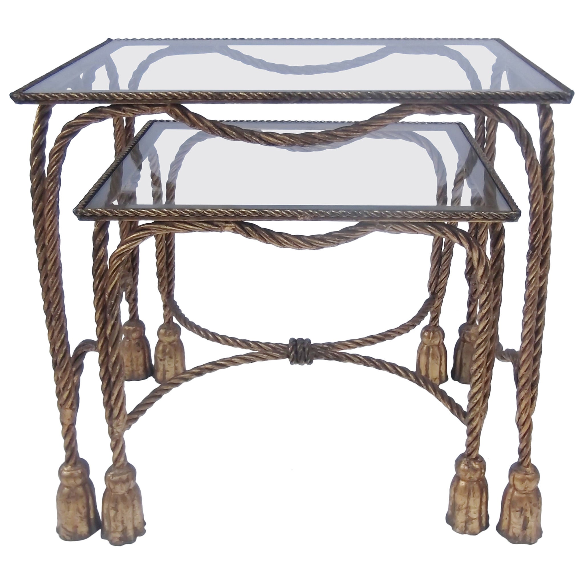 Gilt Iron Rope and Tassel Nesting Tables with Glass Tops