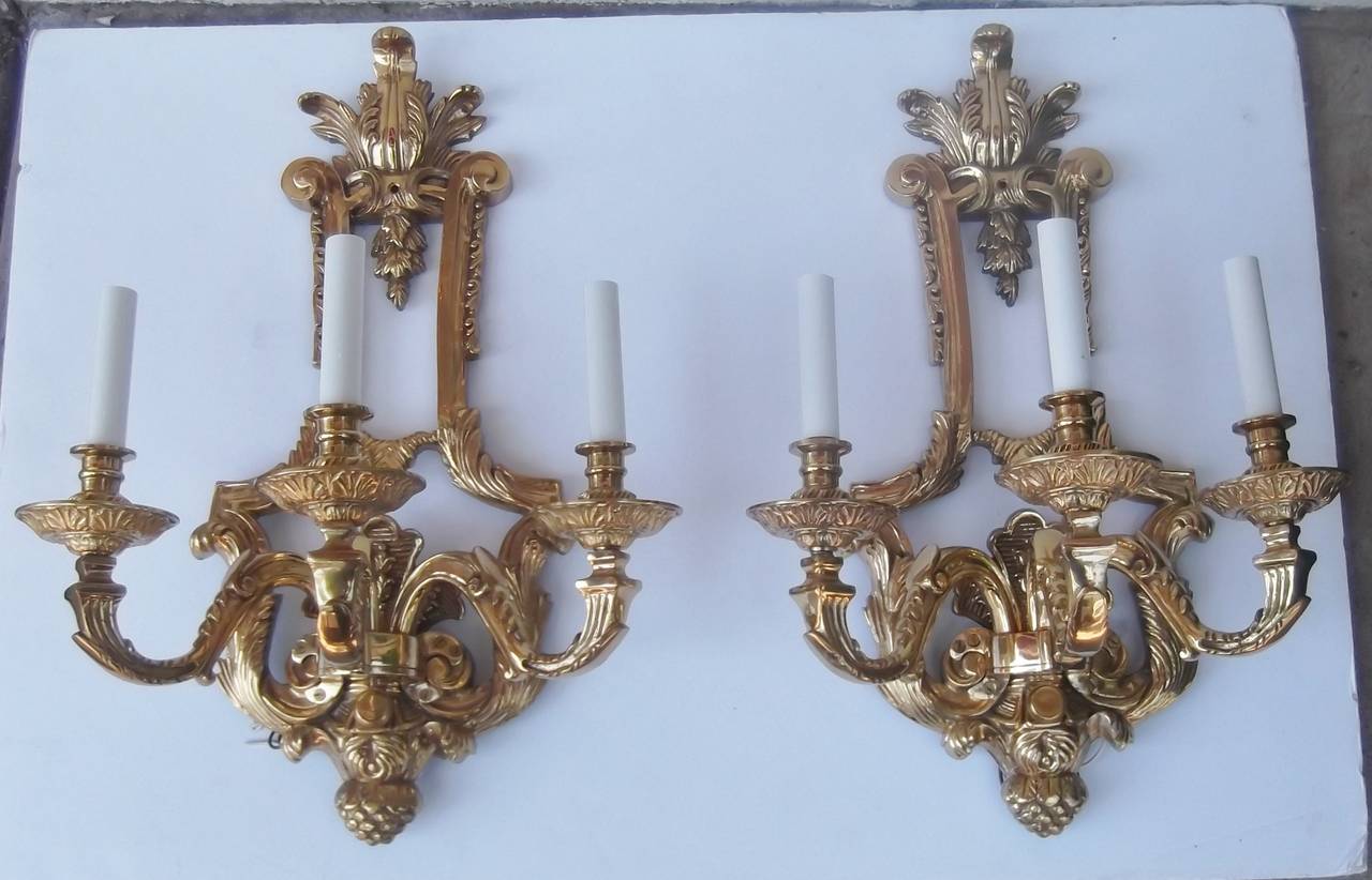 Large Pair of Cast Brass Triple-Arm Sconces Louis XV Style 3