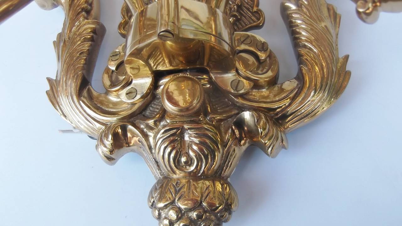 American Large Pair of Cast Brass Triple-Arm Sconces Louis XV Style