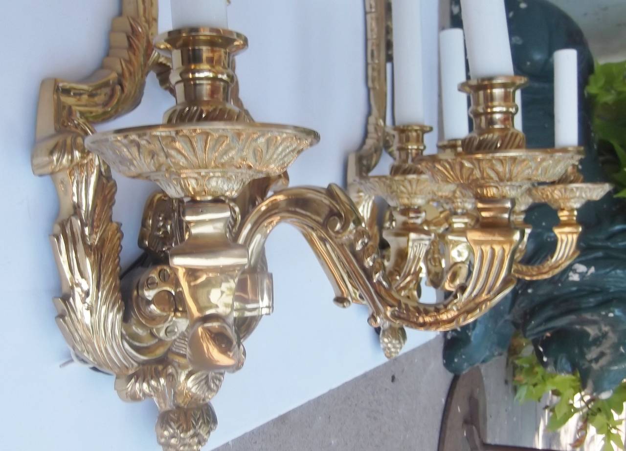 Large Pair of Cast Brass Triple-Arm Sconces Louis XV Style In Excellent Condition In Lambertville, NJ