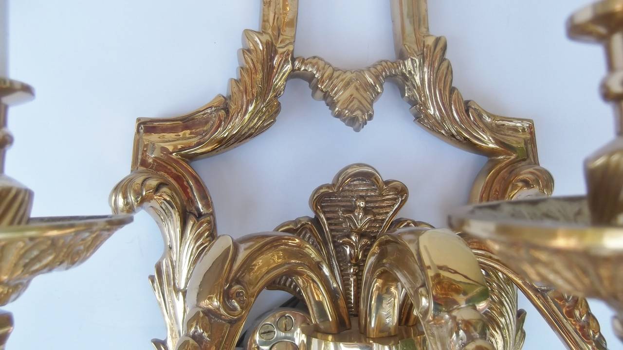 20th Century Large Pair of Cast Brass Triple-Arm Sconces Louis XV Style