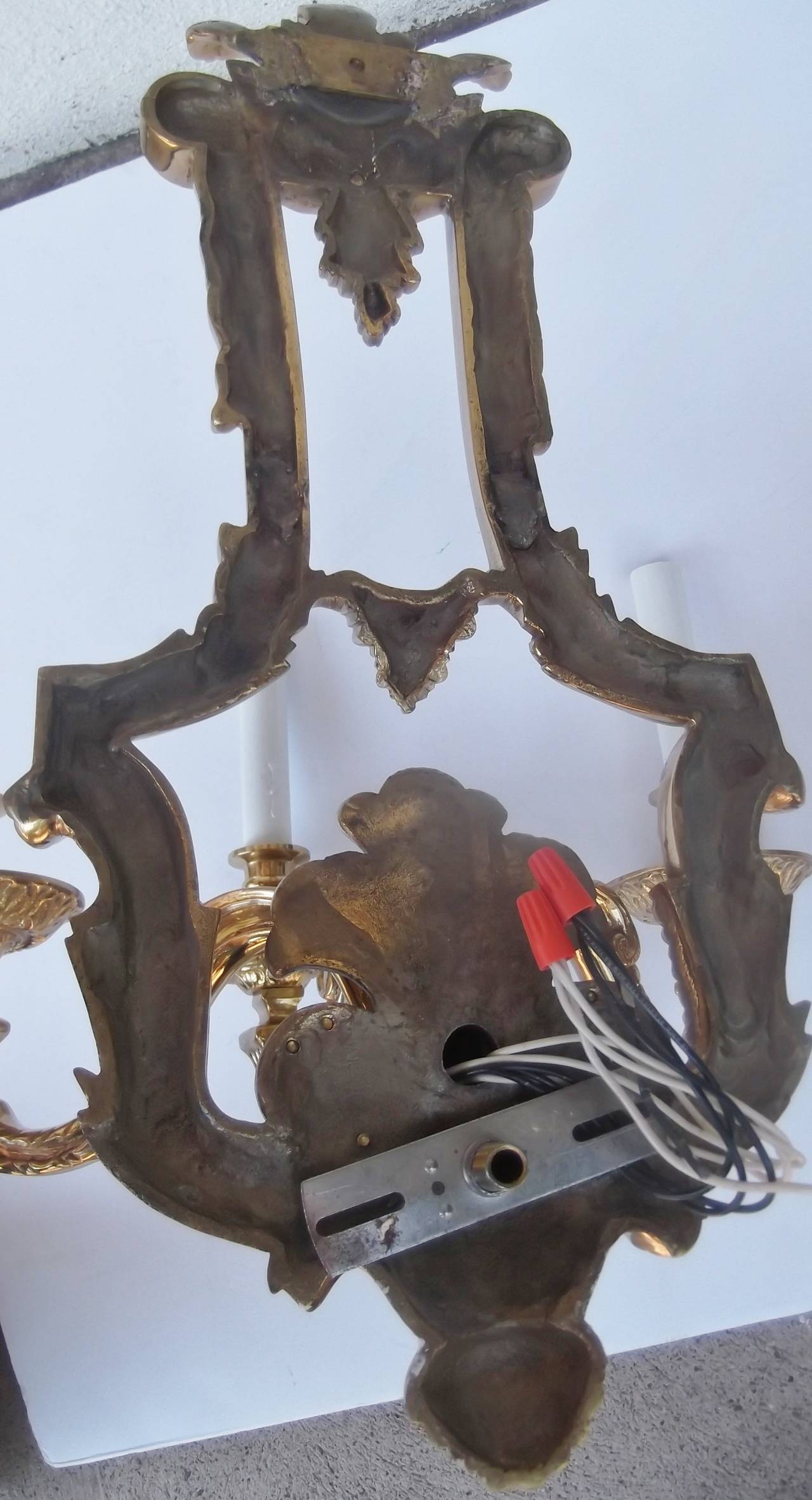 Large Pair of Cast Brass Triple-Arm Sconces Louis XV Style 1