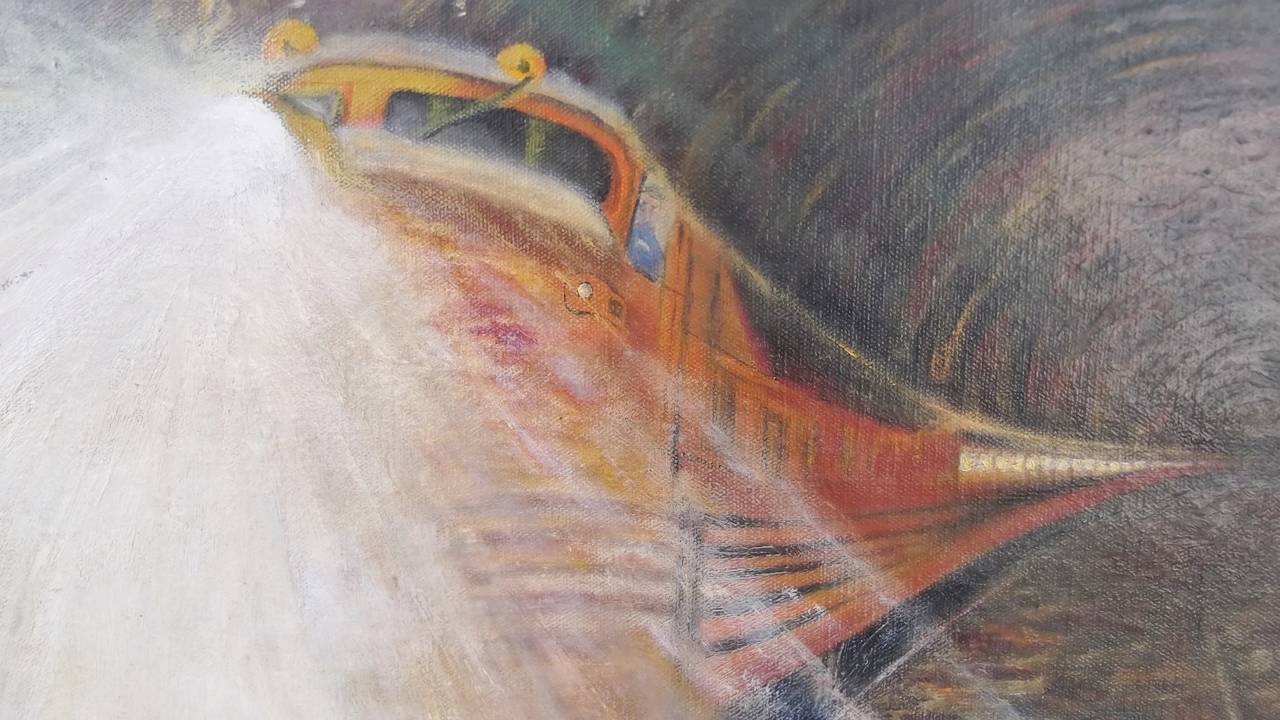 Mid-Century Modern Oil on Canvas of a Fast 1950-1960s Train in Tunnel