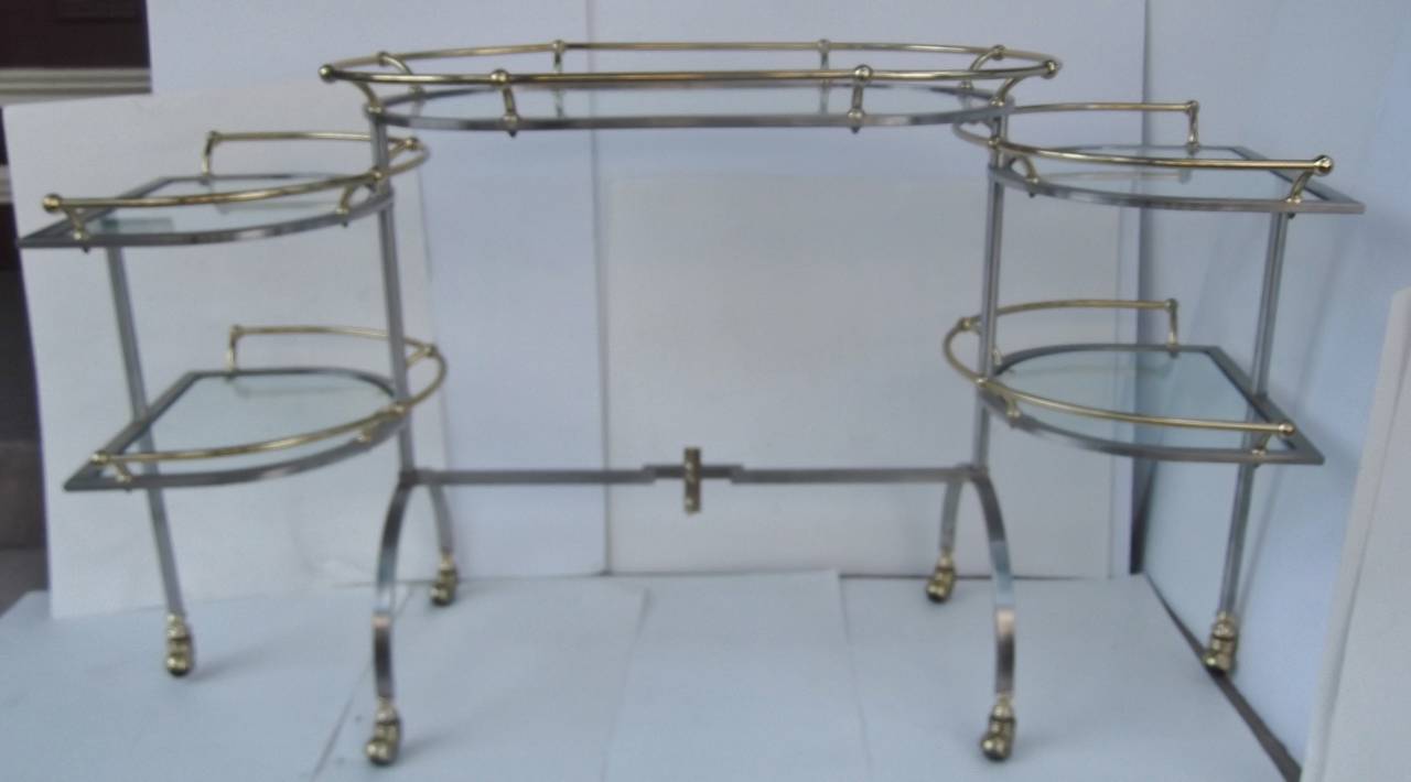 Adjustable Brass and Brushed Steel Bar Cart In Excellent Condition In Lambertville, NJ