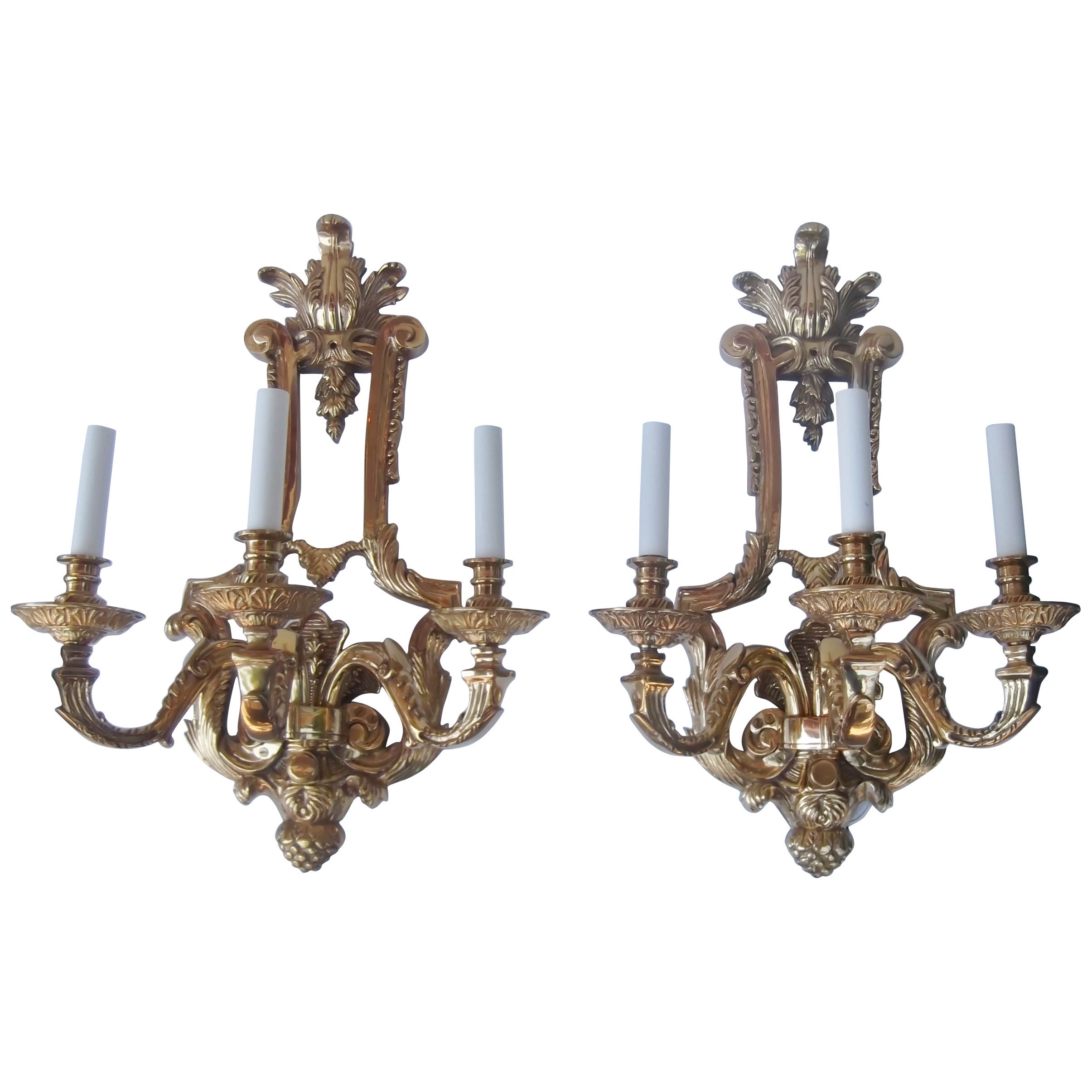 Large Pair of Cast Brass Triple-Arm Sconces Louis XV Style