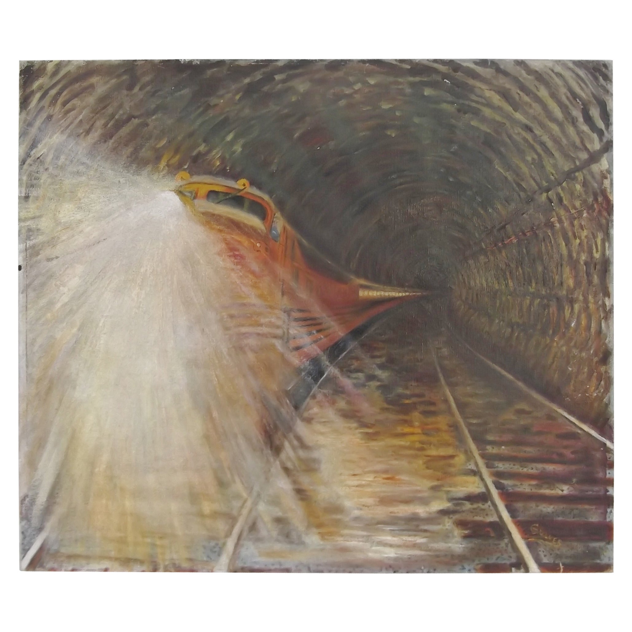 Oil on Canvas of a Fast 1950-1960s Train in Tunnel