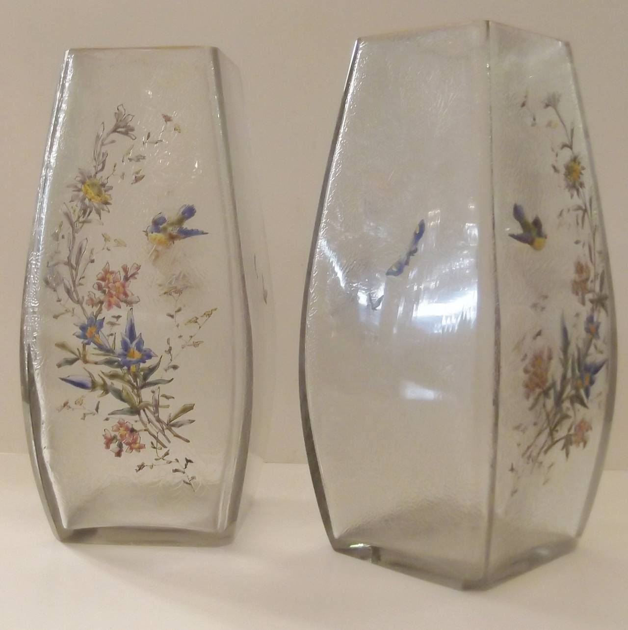 Pair of French Mount Joye Hand-Enameled Etched Glass Vases In Excellent Condition In Lambertville, NJ