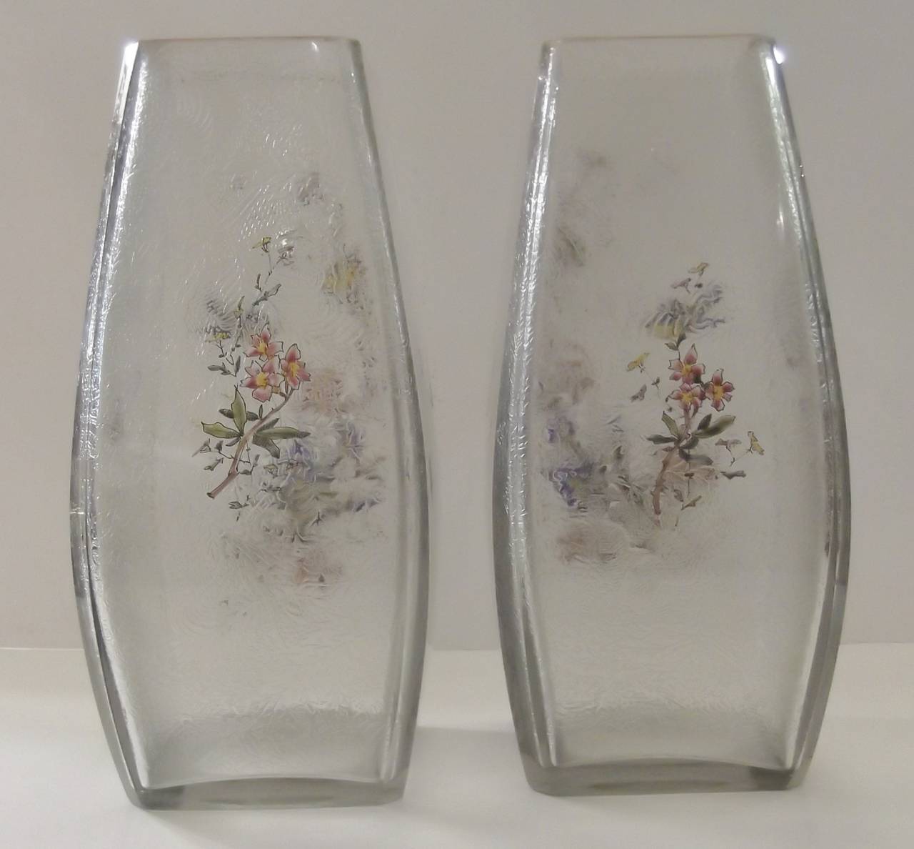 Pair of French Mount Joye Hand-Enameled Etched Glass Vases 1