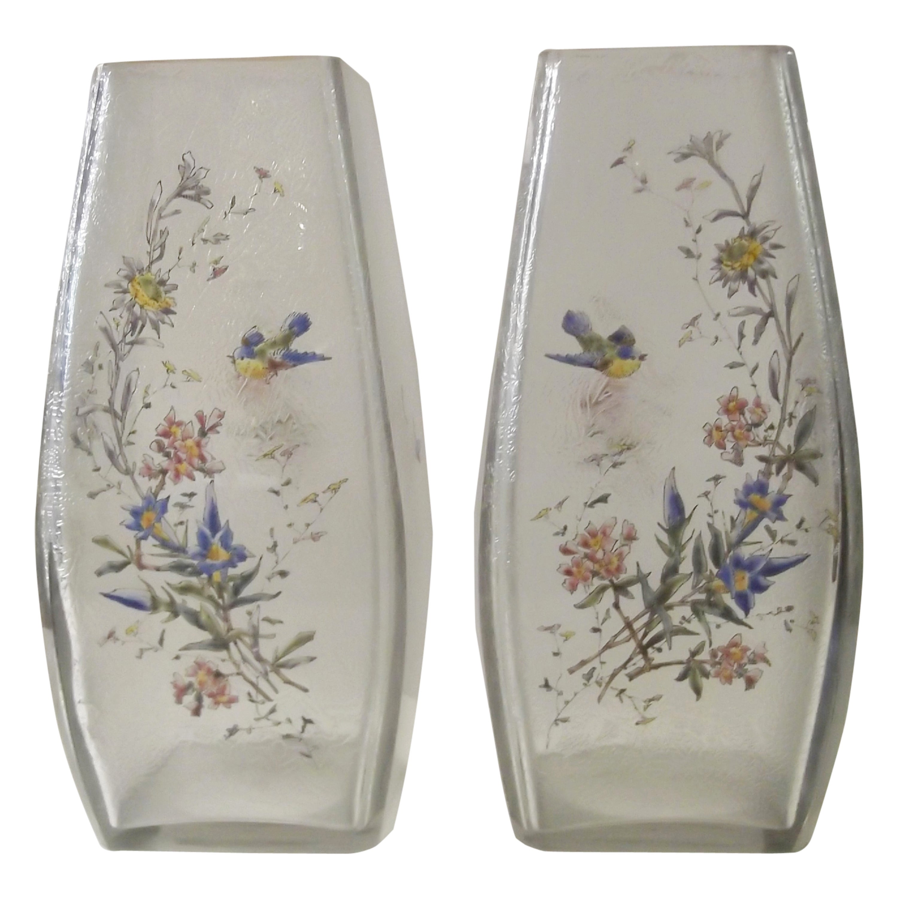 Pair of French Mount Joye Hand-Enameled Etched Glass Vases