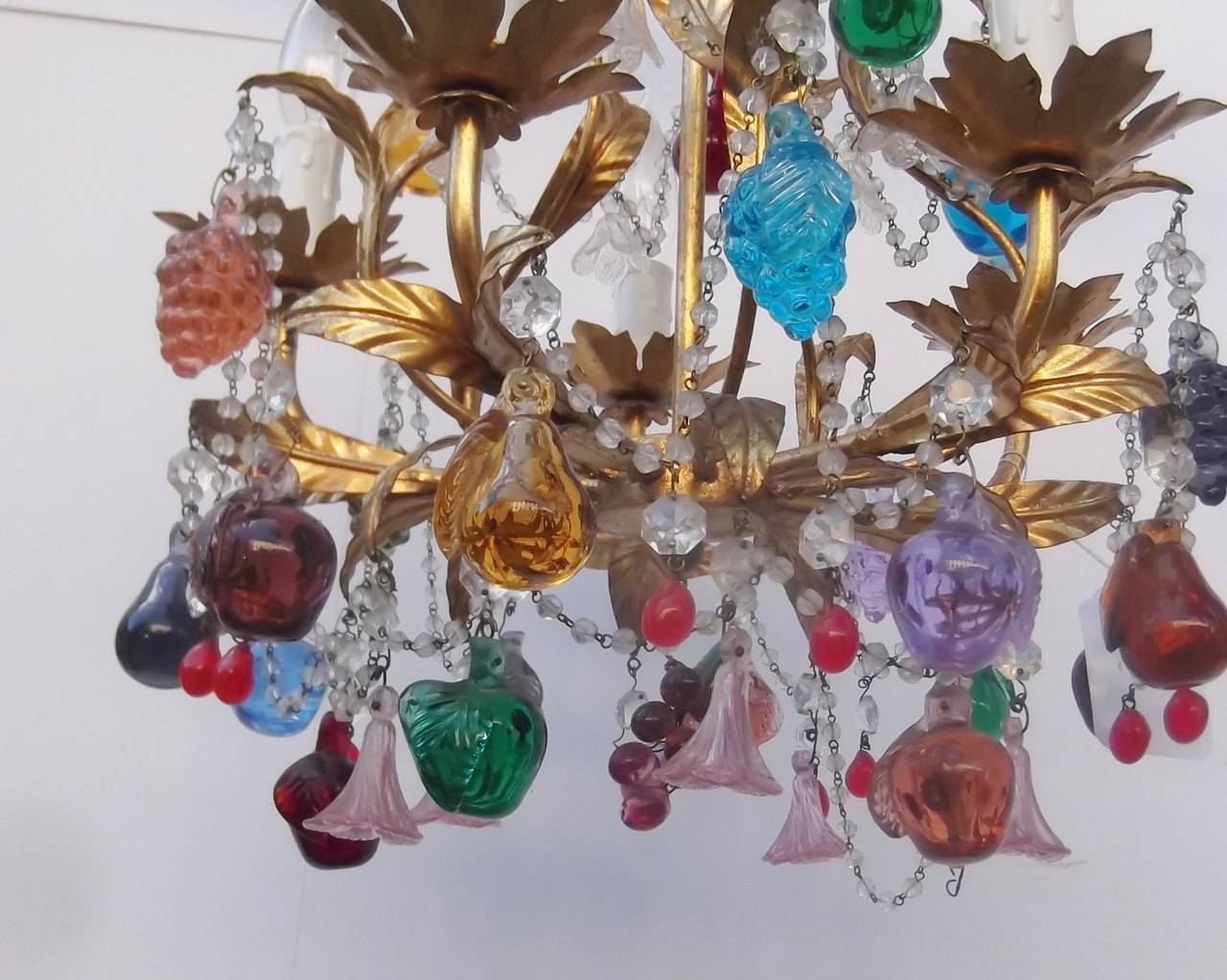 Colorful Italian Crystal and Glass Five-Light Chandelier In Excellent Condition In Lambertville, NJ