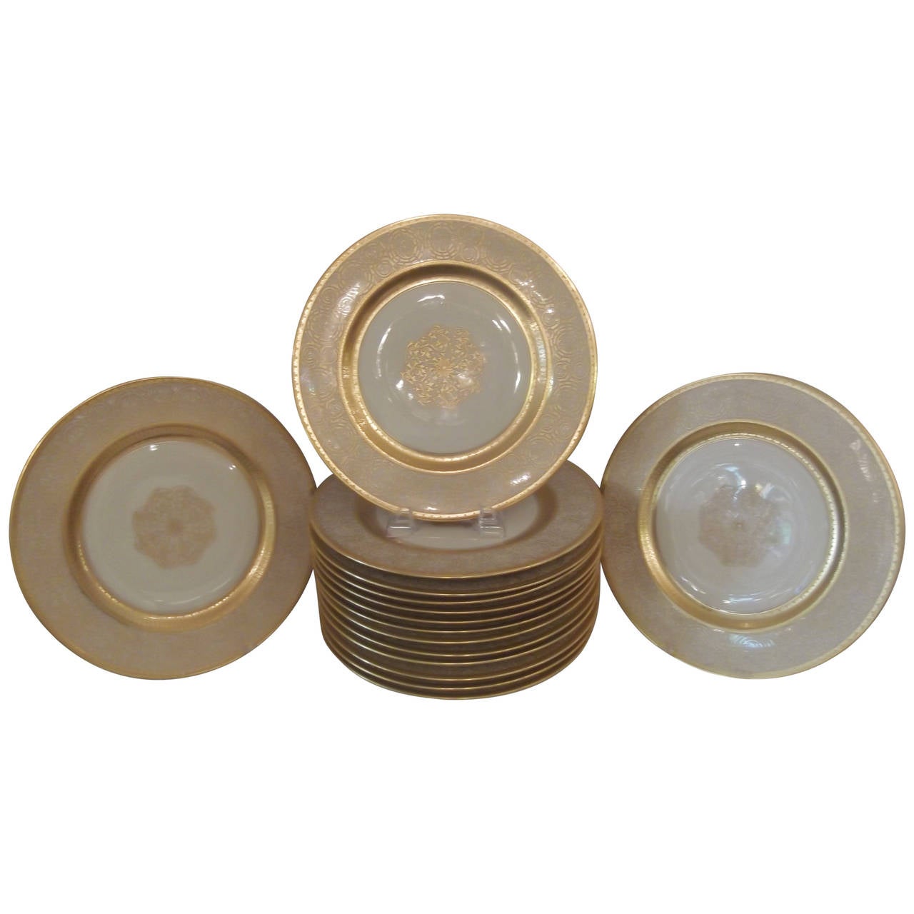 Elegant Formal Set of 15 Gold Encrusted Dinner Service Plates at 1stDibs