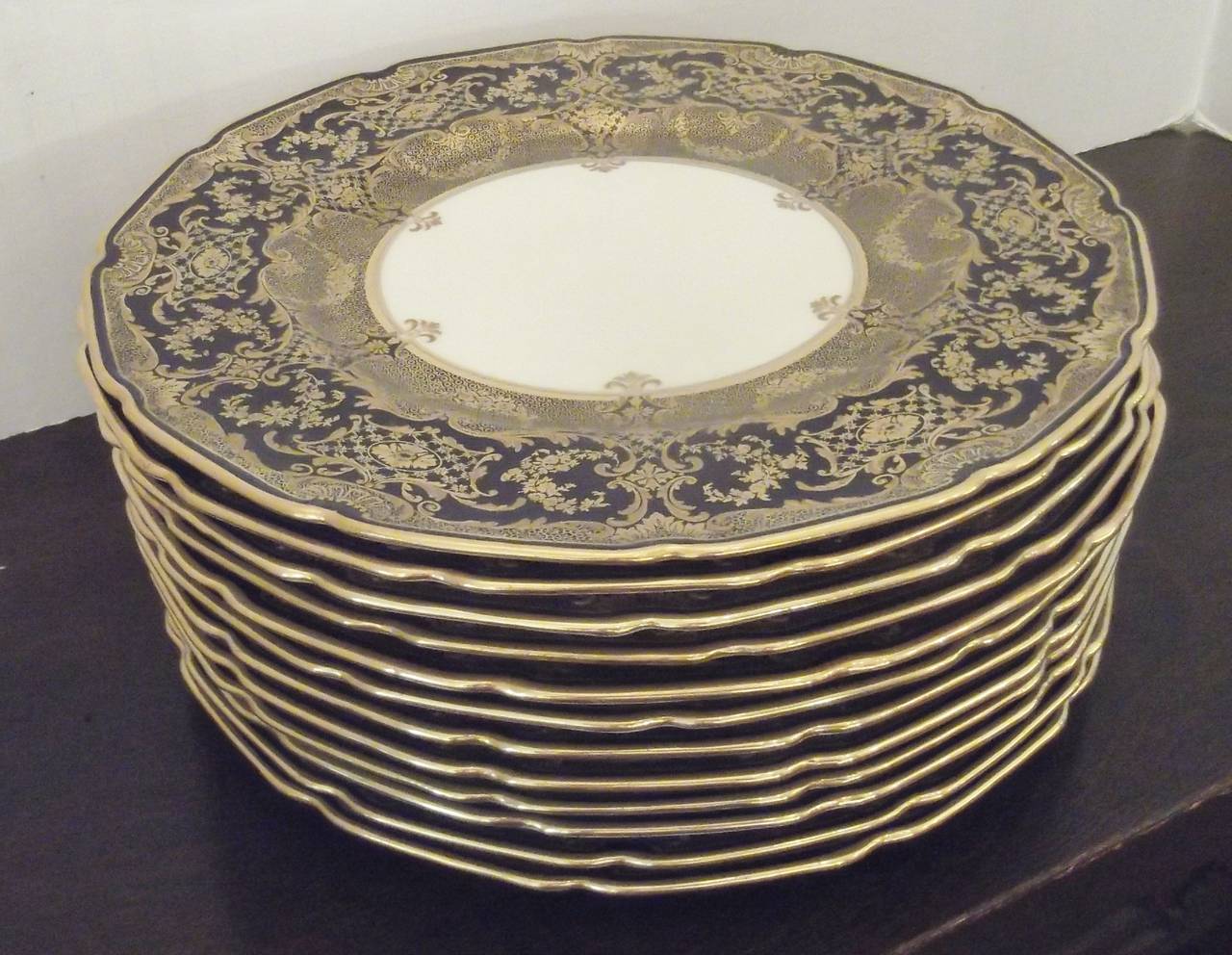 Opulent Set of 12 Ornate Gilded Cobalt Dinner Service Plates at 1stdibs