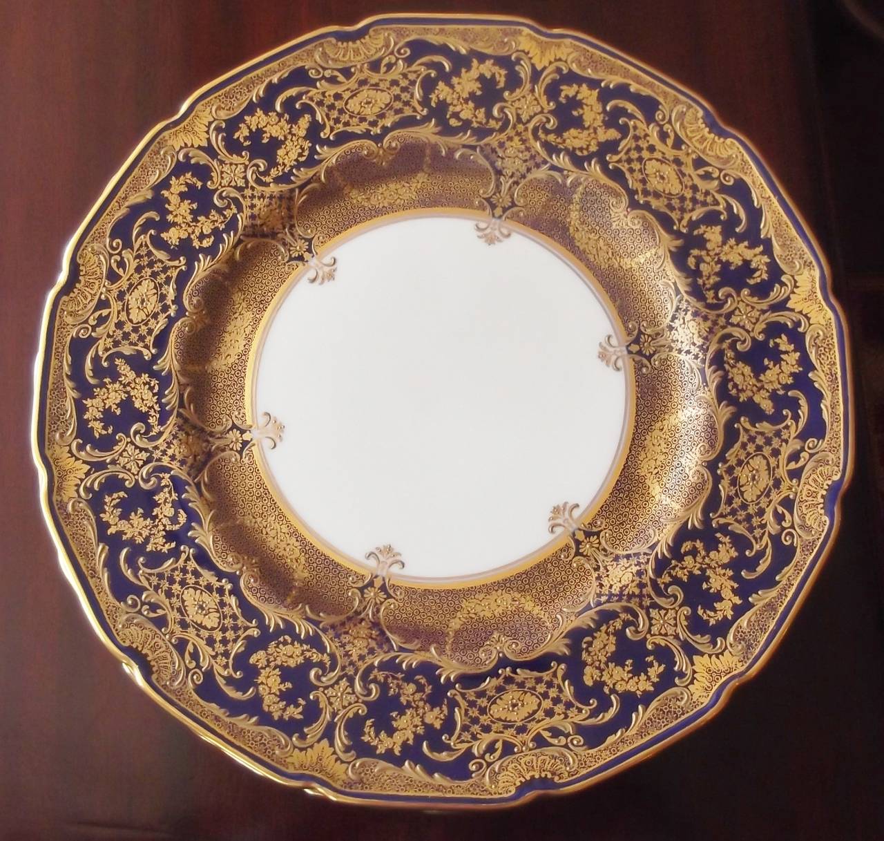 Opulent Set of 12  Ornate Gilded Cobalt Dinner Service Plates