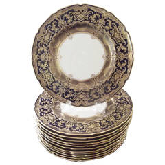 Antique Opulent Set of 12  Ornate Gilded Cobalt Dinner Service Plates