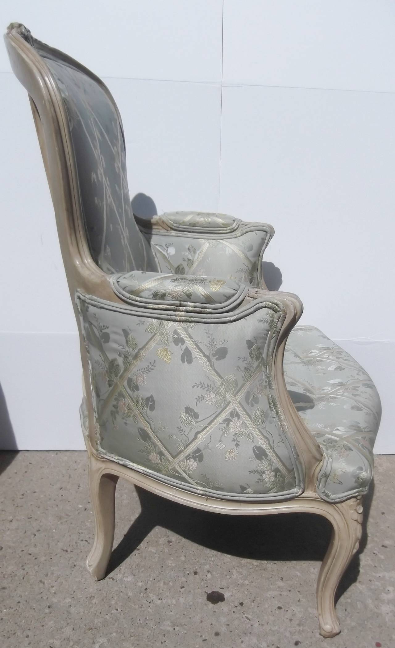 French Carved Painted Bergere and Ottoman In Excellent Condition In Lambertville, NJ