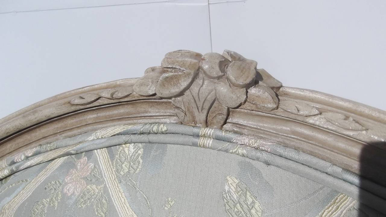 Silk French Carved Painted Bergere and Ottoman