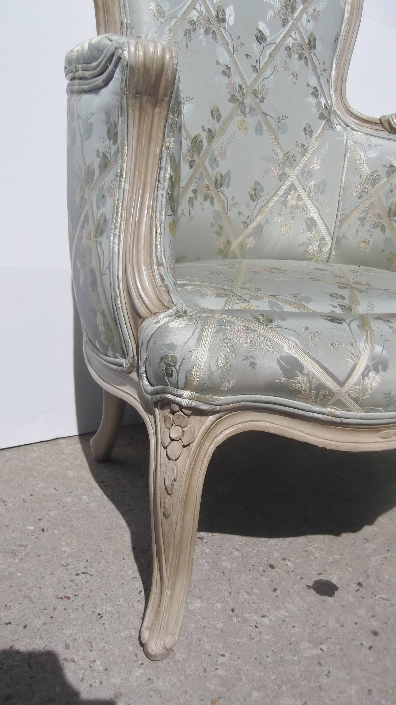 French Carved Painted Bergere and Ottoman 1