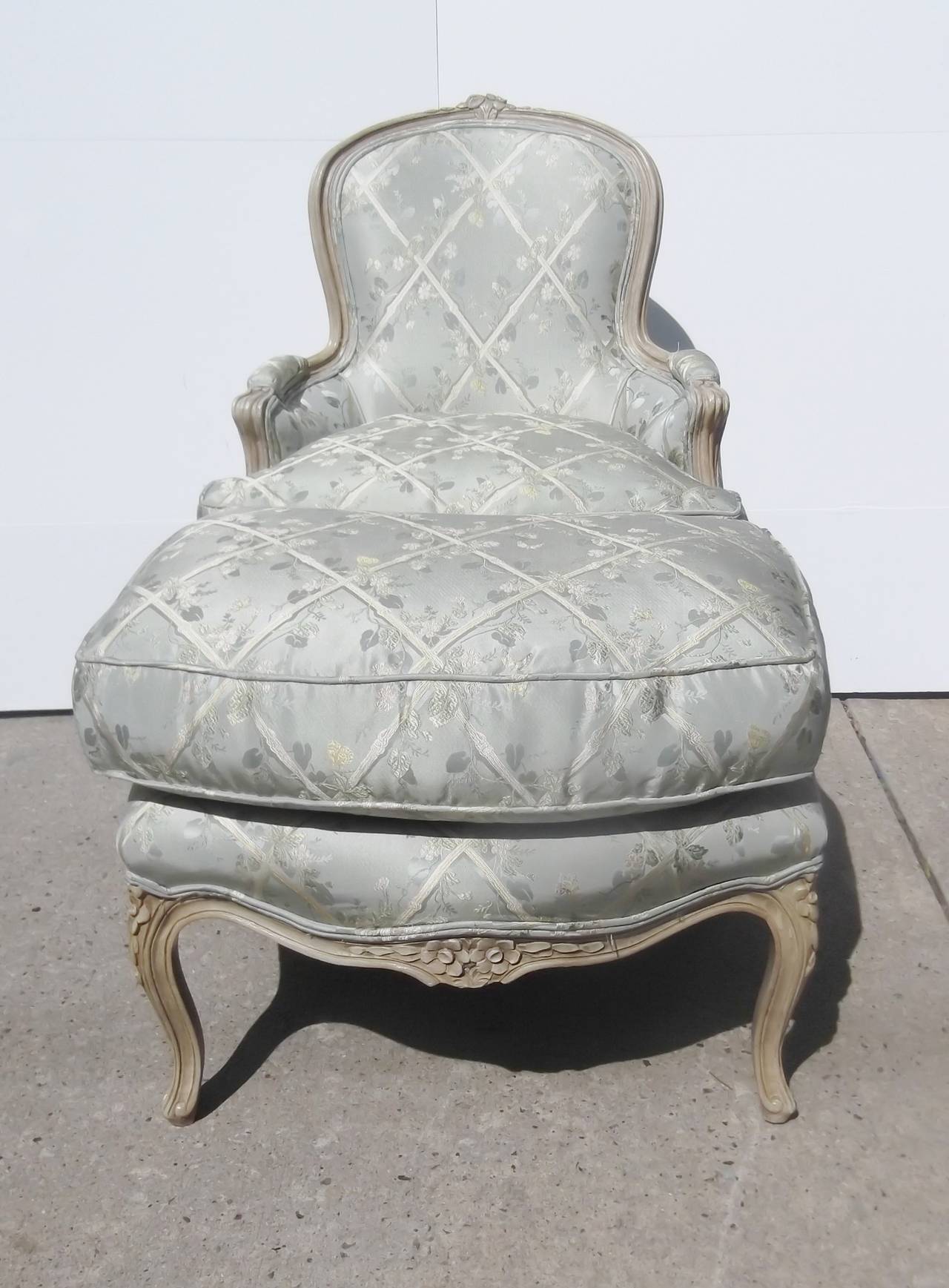 French Carved Painted Bergere and Ottoman 3