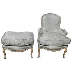 French Carved Painted Bergere and Ottoman