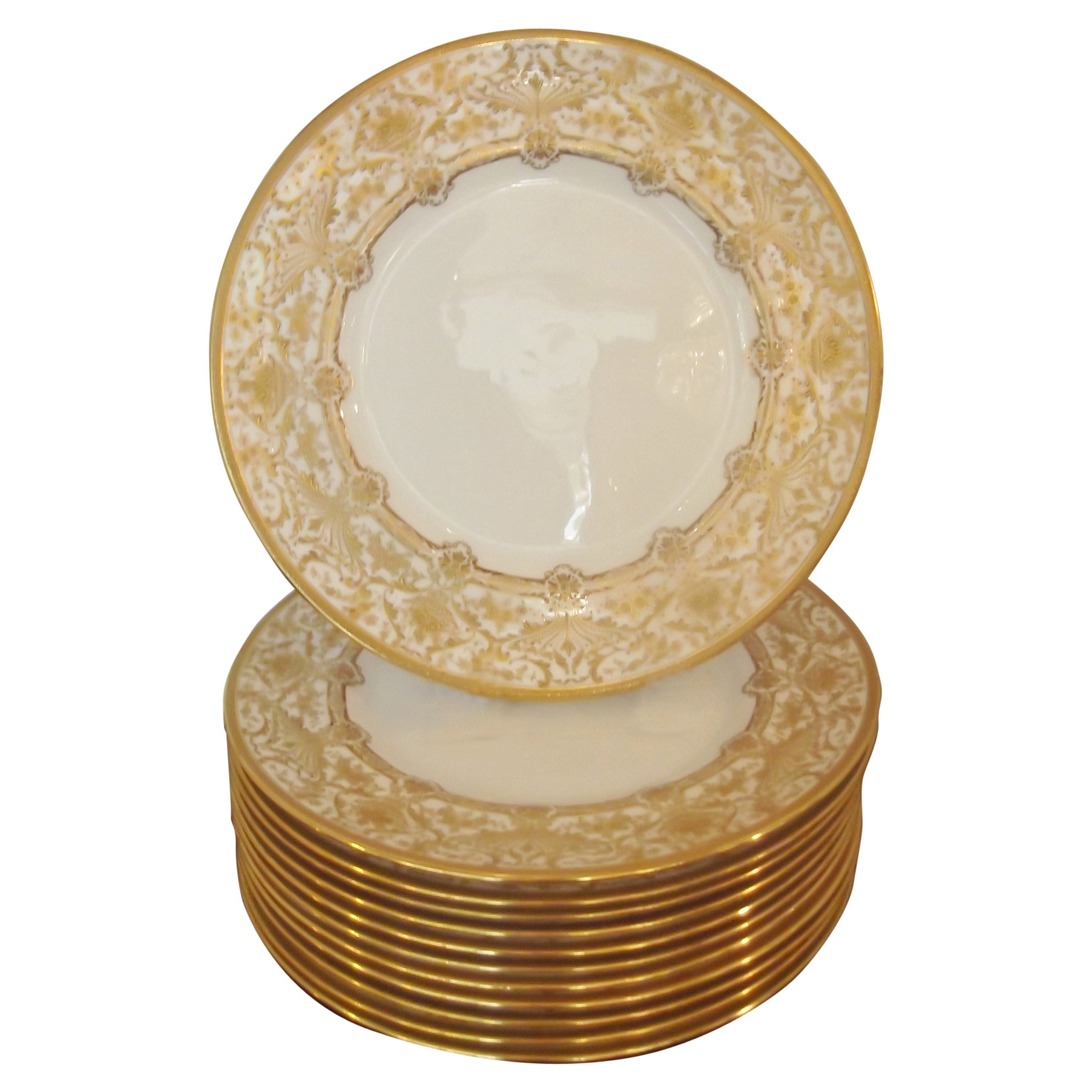 Set of 12 Raised Gilt Service Dinner Plates