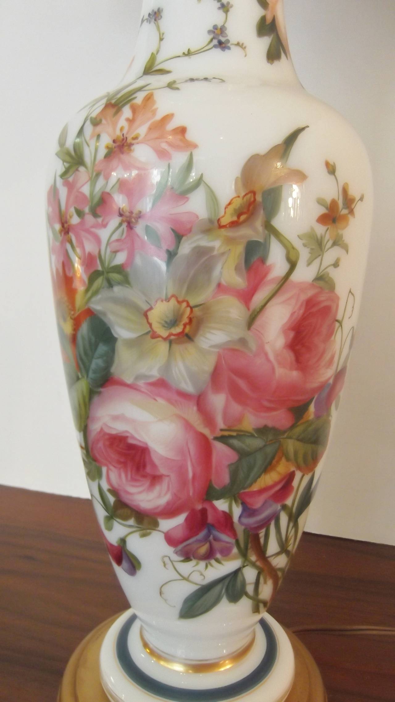 Napoleon III French Opaline Enamel Painted Vase Lamp by Jean-Francois Robert, Baccarat 1840