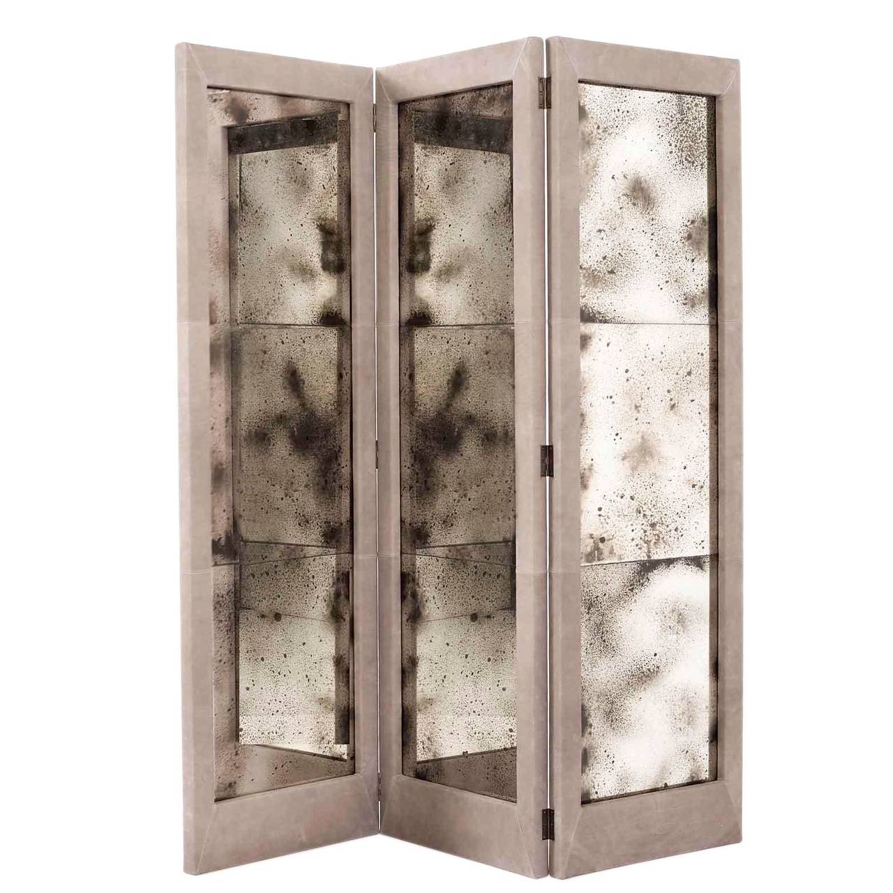 Upholstered Suede Frame and Antiqued Mirror Folding Screen For Sale at