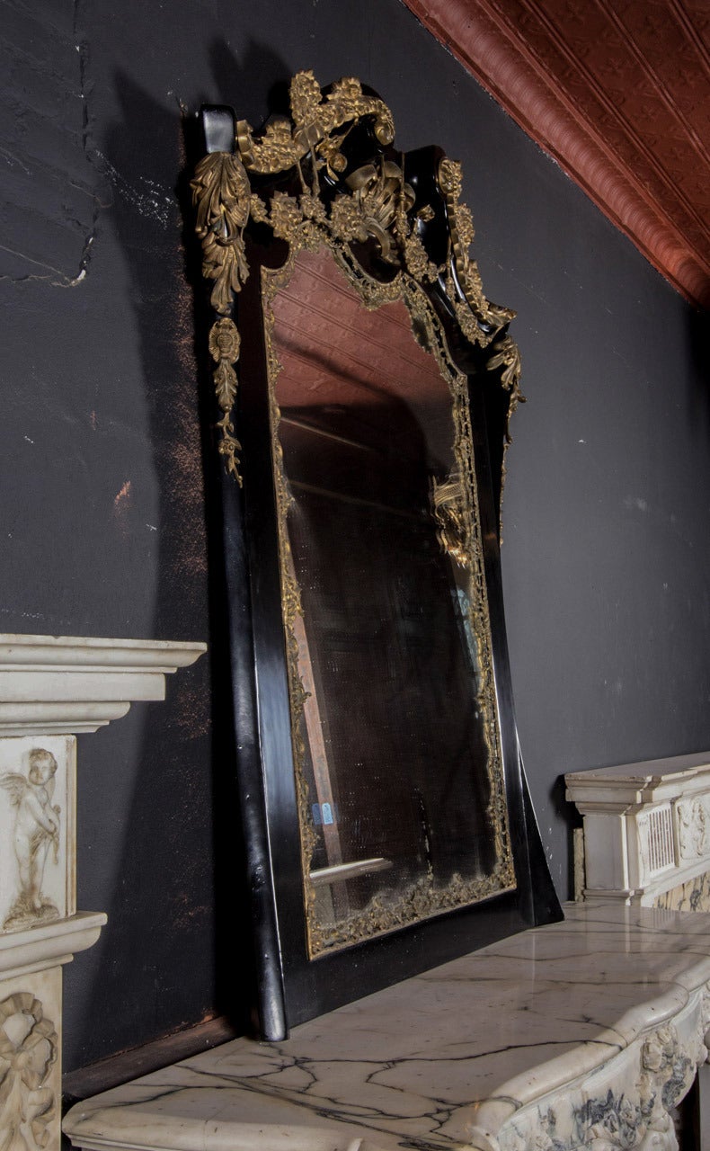 North American Georgian Revival Style Black Lacquered Overmantel Mirror