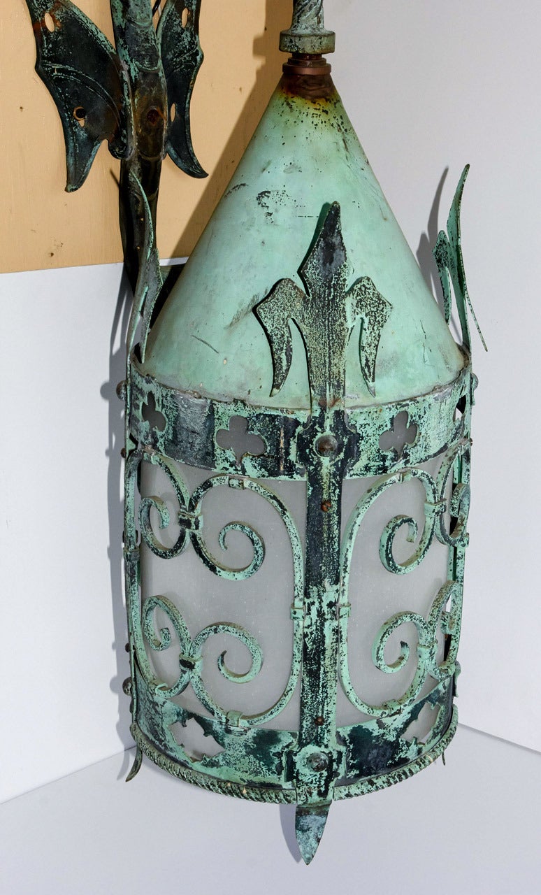Copper Gothic Revival Style Exterior Lantern with Dragon Bracket, circa 1915 For Sale