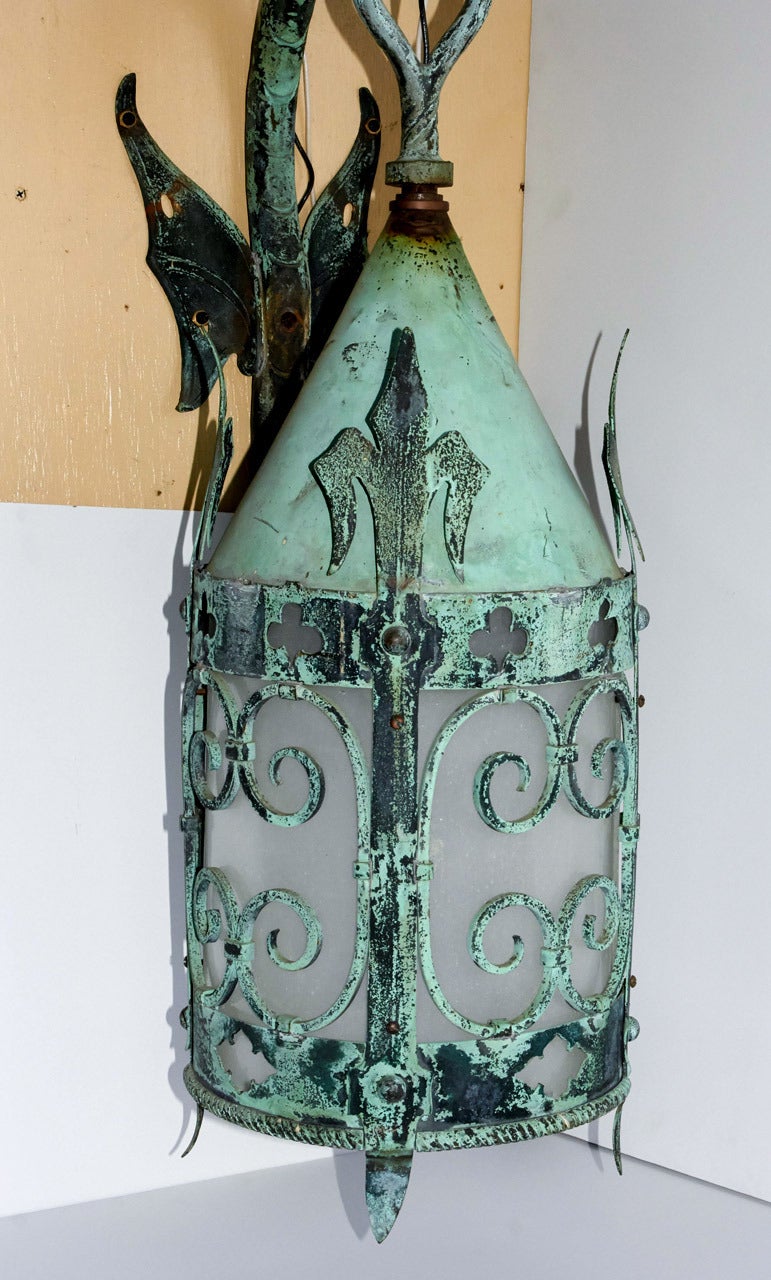 Gothic Revival Style Exterior Lantern with Dragon Bracket, circa 1915 For Sale 1
