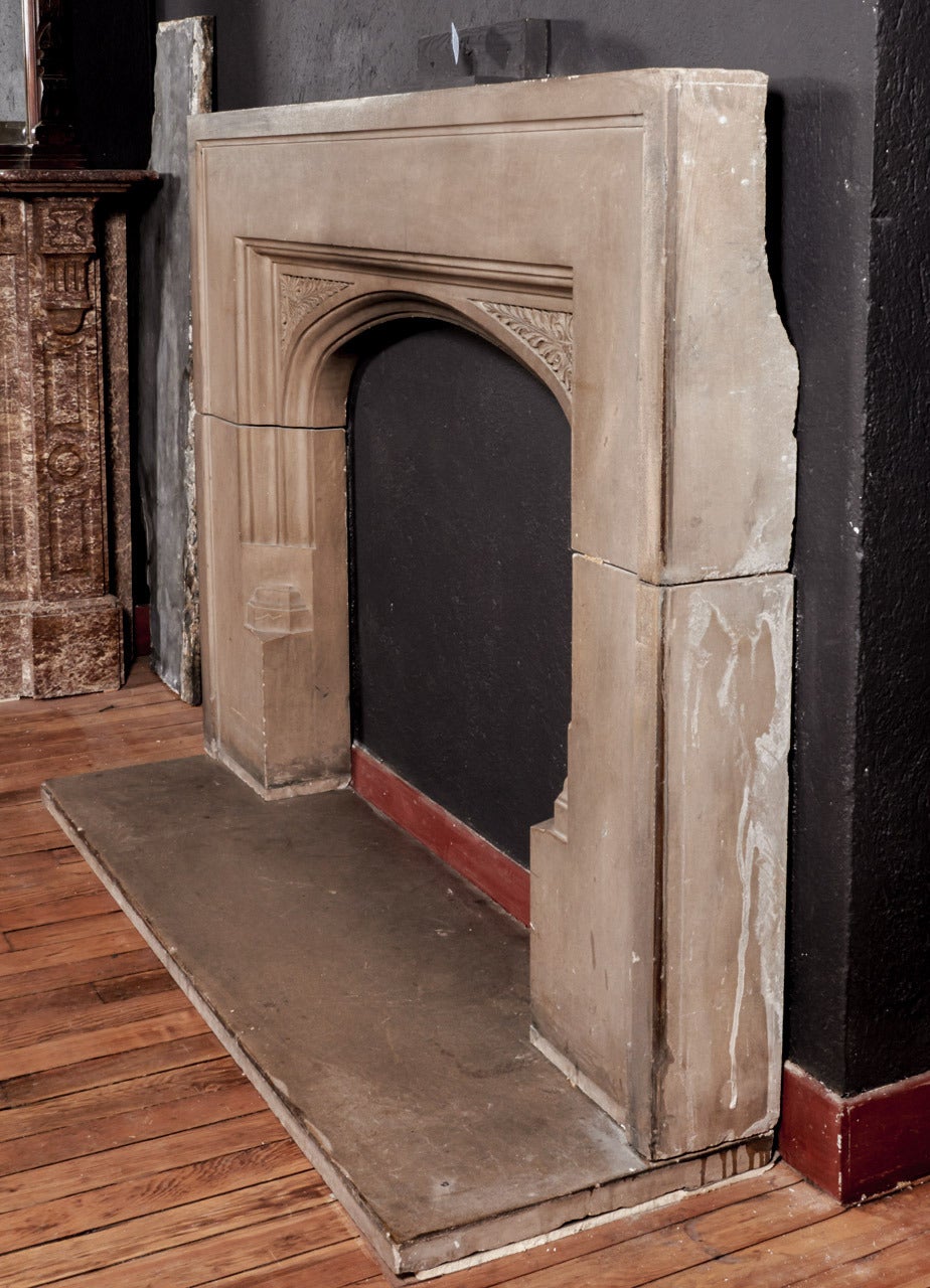 19th Century Antique Tudor Style Carved Limestone Fireplace Mantel For Sale
