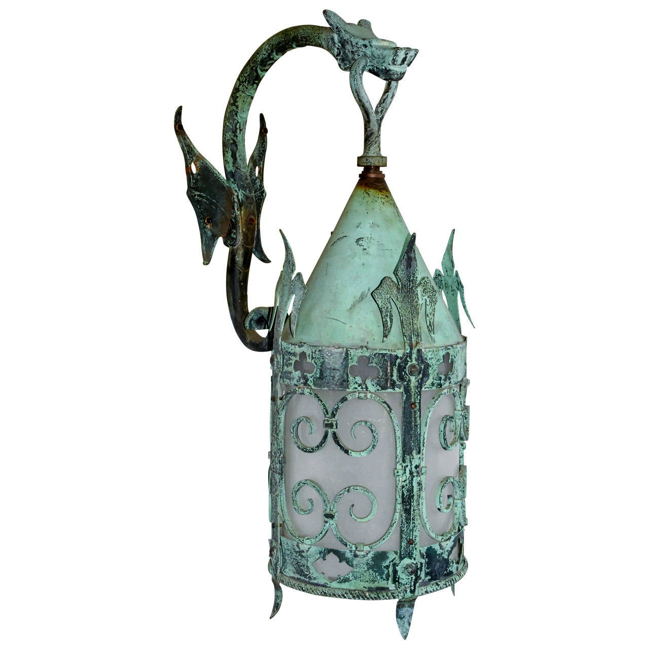 Gothic Revival Style Exterior Lantern with Dragon Bracket, circa 1915 For Sale