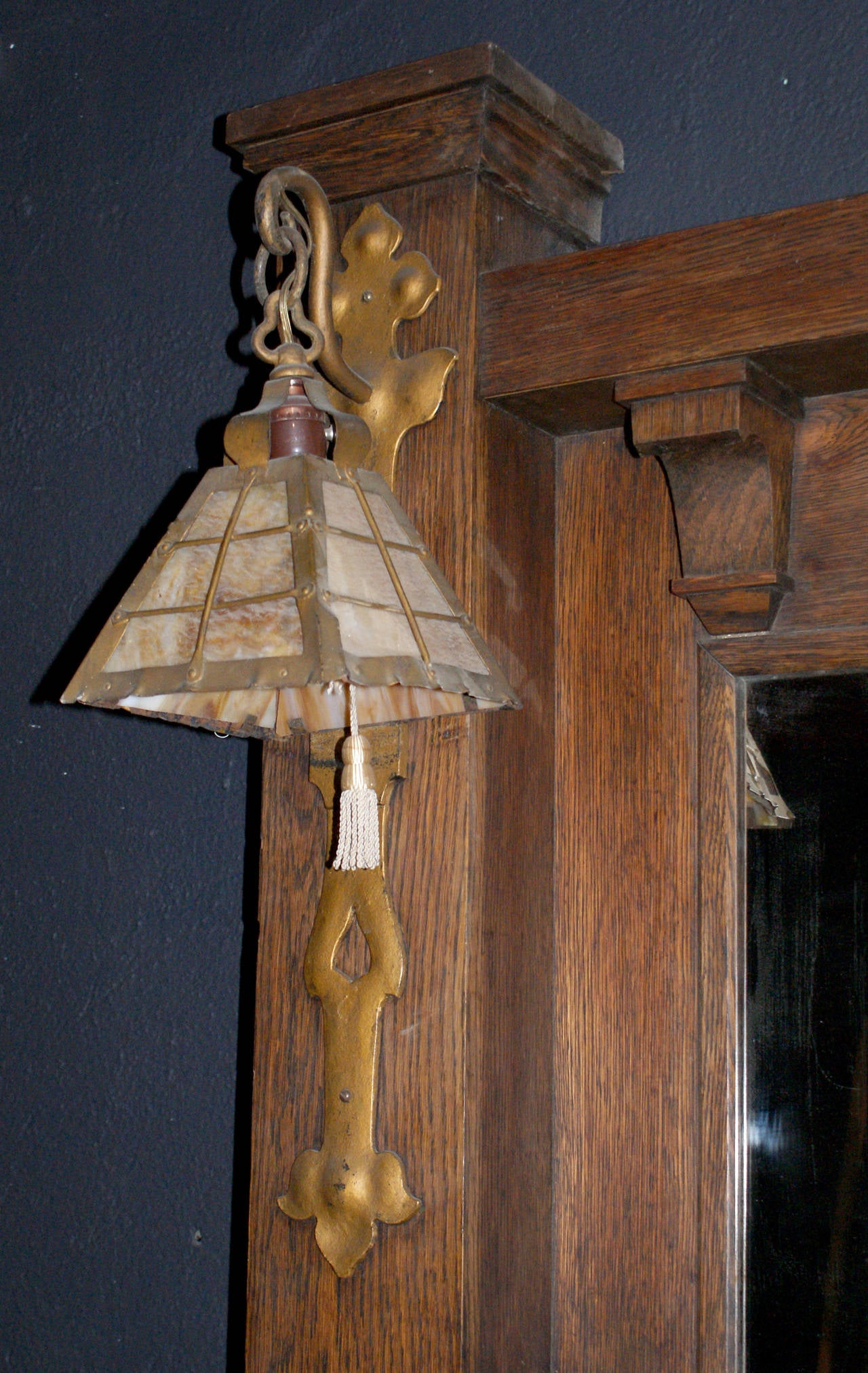 Early 20th Century Arts & Crafts Style Oak Fireplace Mantel with Sconces