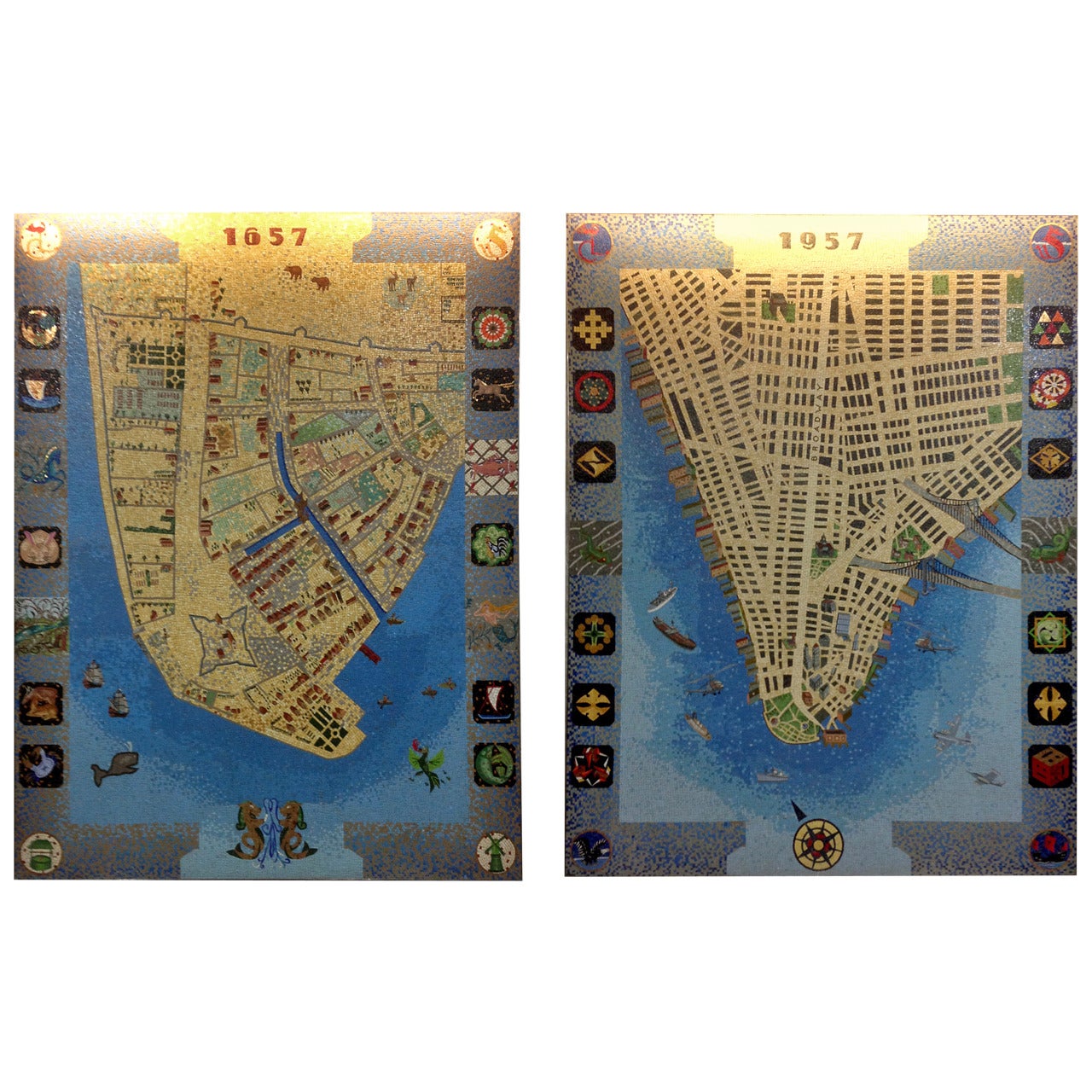 Pair of Monumental Mosaics of Lower Manhattan For Sale