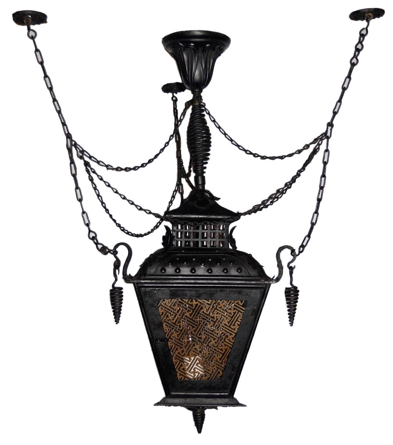 Chinoiserie inspired exquisitely created trapezoidal shaped lantern, circa 1905. An interesting combination of fine artisanship using forged steel and wrought iron intertwined together. From a Bronx, NY mansion.