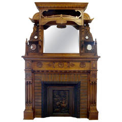 Antique Unique 1890s Carved Maple Fireplace Mantel