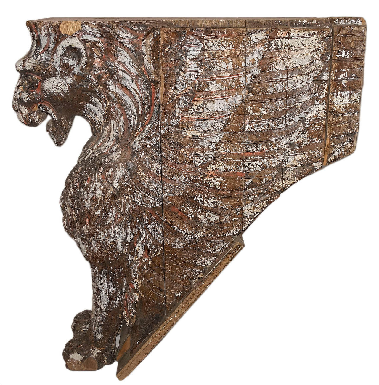 Late 19th Century Statuesque Beaux-Arts Era Carved Wood Lion Ornament For Sale