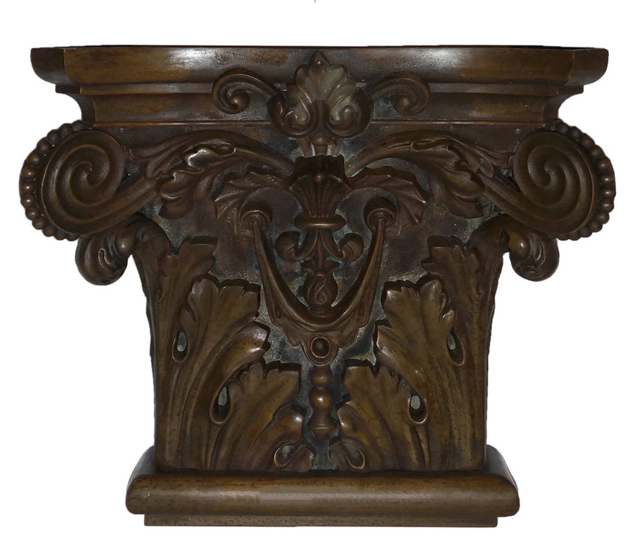 Exquisite lost wax bronze Corinthian style Pilaster capitals decorated with acanthus leaves and scrolls, from a 1920s, NYC bank interior.