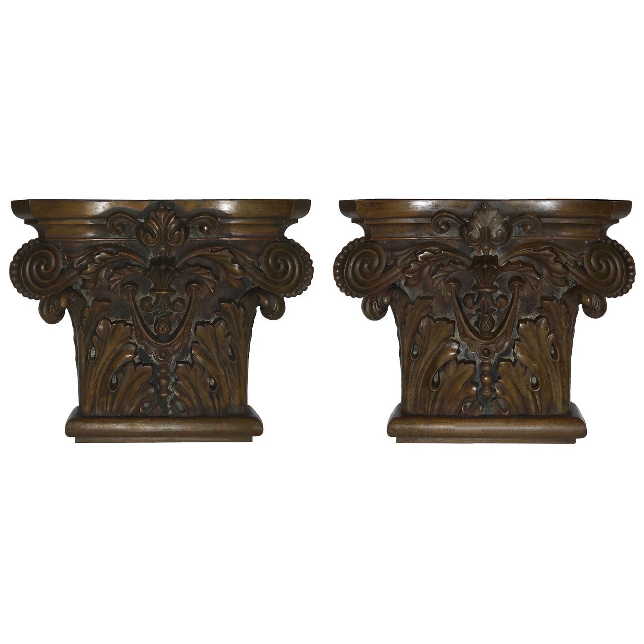 Pair of Bronze Corinthian Style Pilaster Capitals For Sale