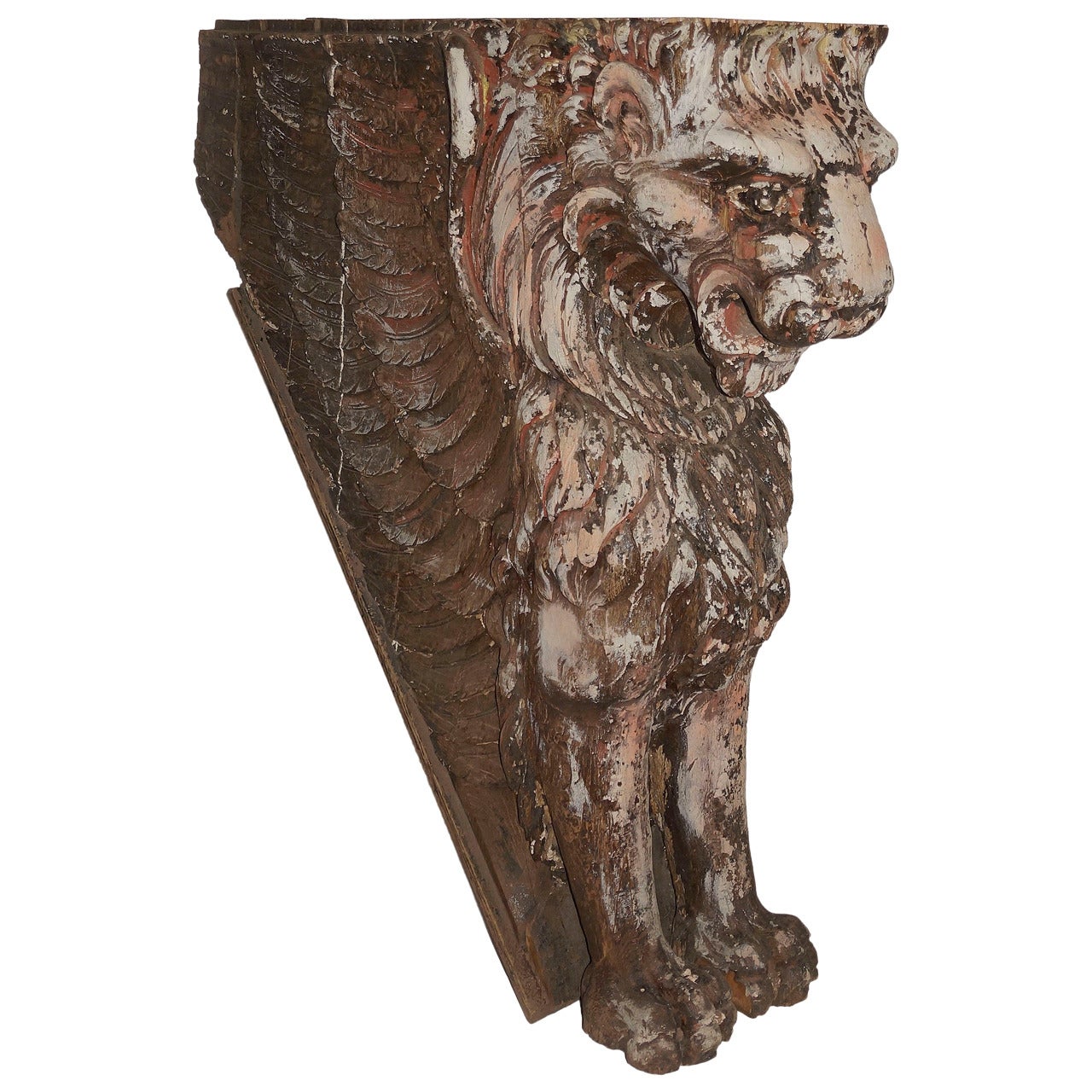 Statuesque Beaux-Arts Era Carved Wood Lion Ornament For Sale