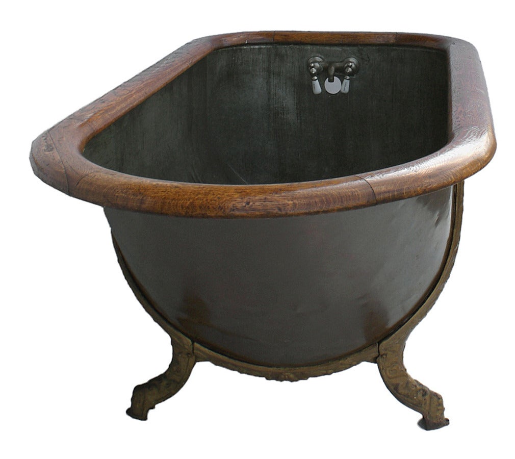19th Century Antique Copper Bathtub with Oak Trim