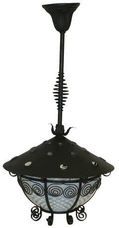 Arts and Crafts Iron Light Fixture with Hobnail Shade