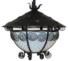 Arts and Crafts Iron Light Fixture with Hobnail Shade